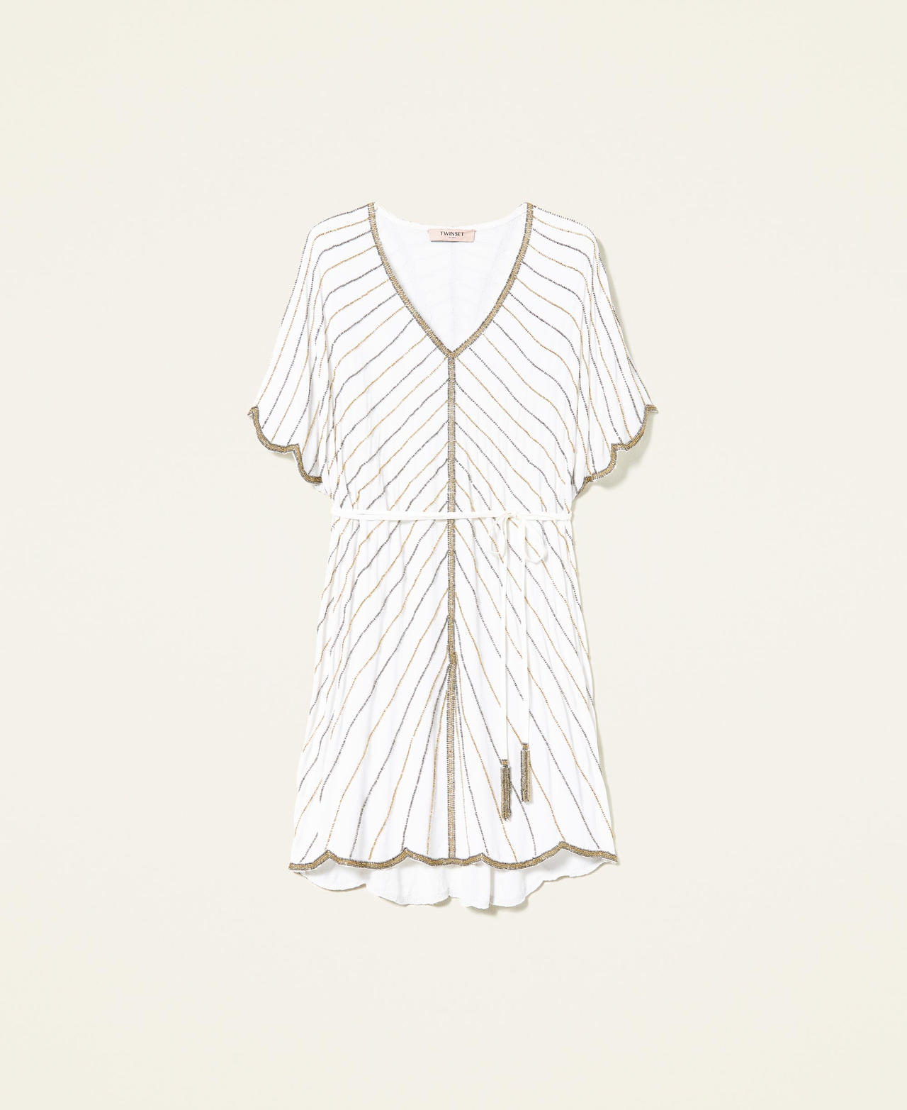 Handbesticktes Kleid aus Krepp Weiß Schnee Frau 221TP2010-0S