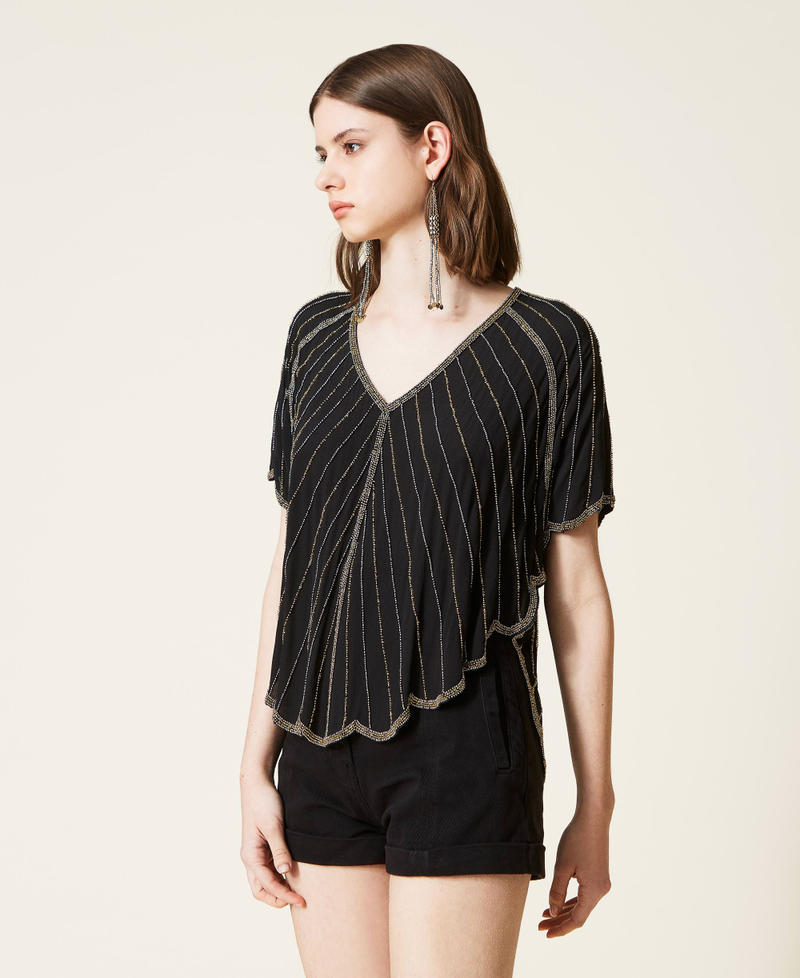 Crêpe blouse with handmade embroidery Black Woman 221TP2012-02