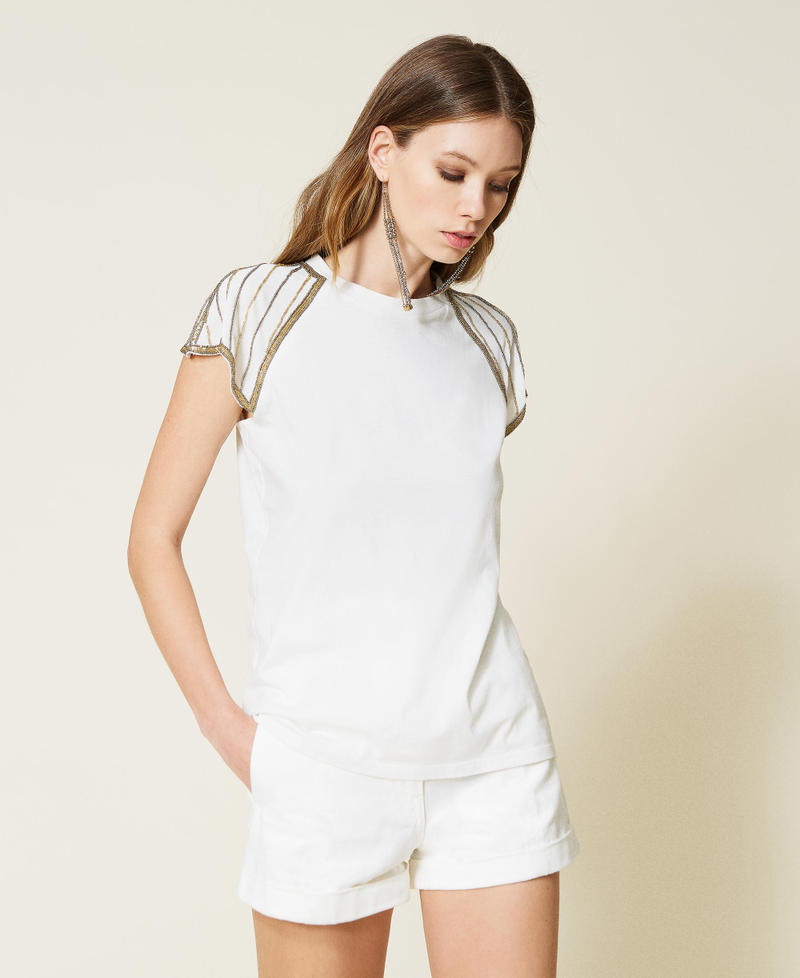 Camiseta con mangas de crepé bordadas White Nieve Mujer 221TP201A-05