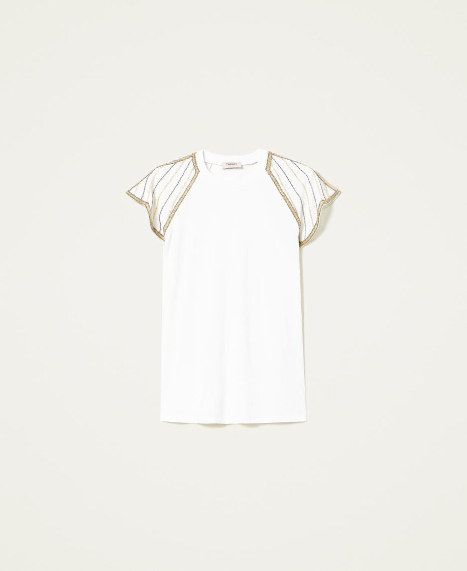 T-Shirt mit bestickten Ärmeln aus Krepp Weiß Schnee Frau 221TP201A-0S