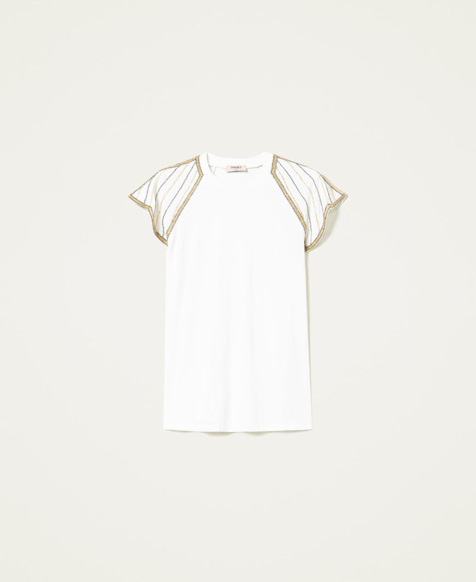 T shirt with embroidered cr pe sleeves Woman White TWINSET Milano