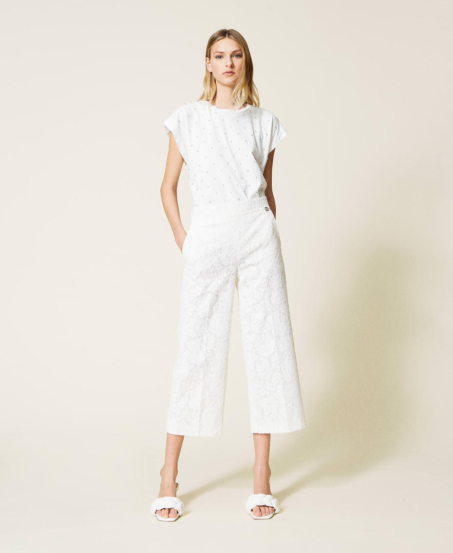 Укороченные брюки из макраме Белый Снег женщина 221TP2035-01