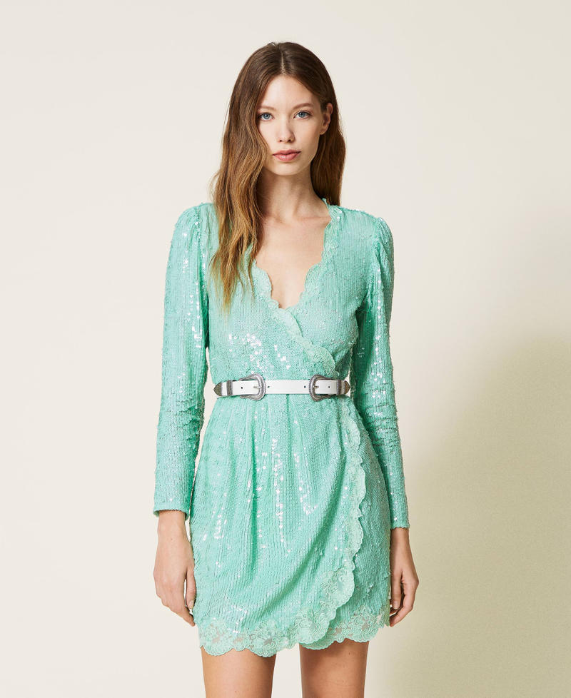 Robe entièrement ornée de sequins avec broderie Vert « Lichen » Femme 221TP2040-01