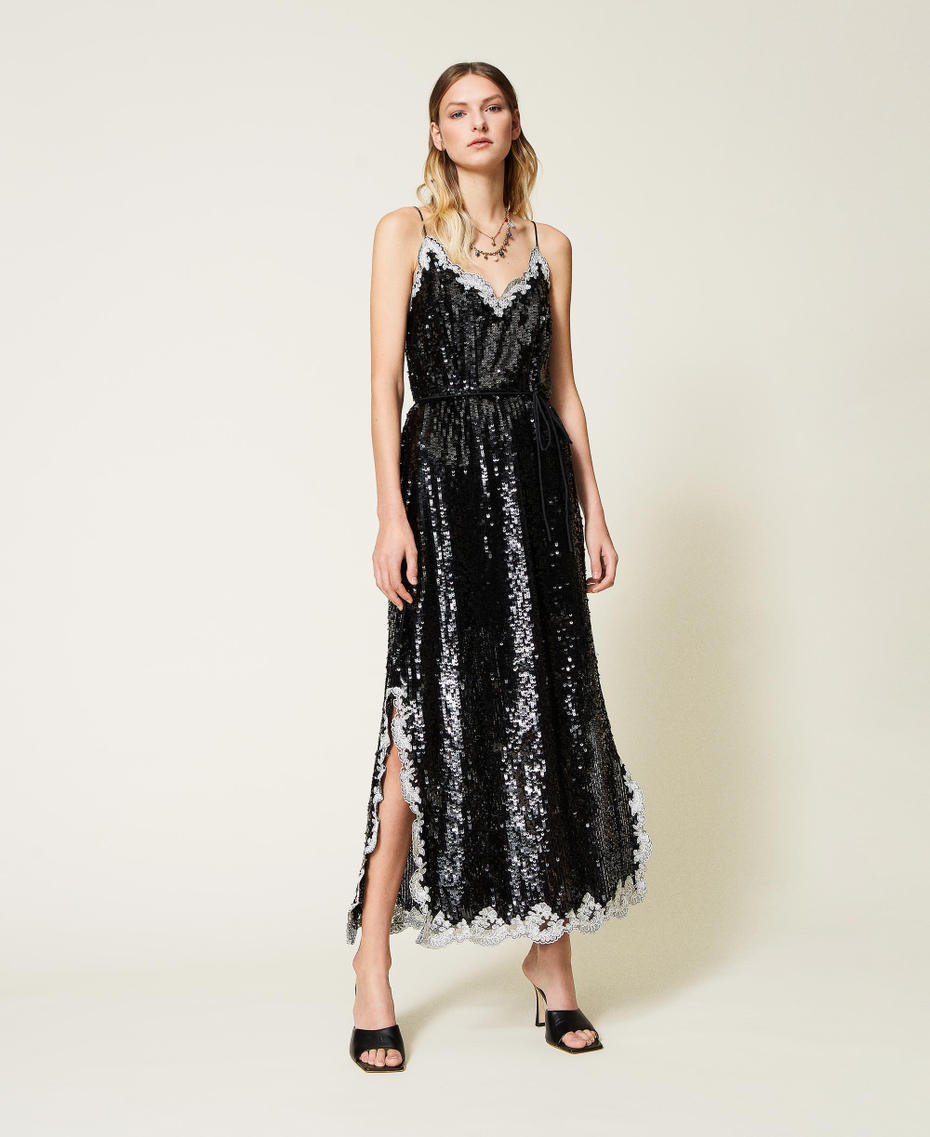 Full sequin long dress with embroidery Bicolour Black / "Snow" White Woman 221TP2041-01