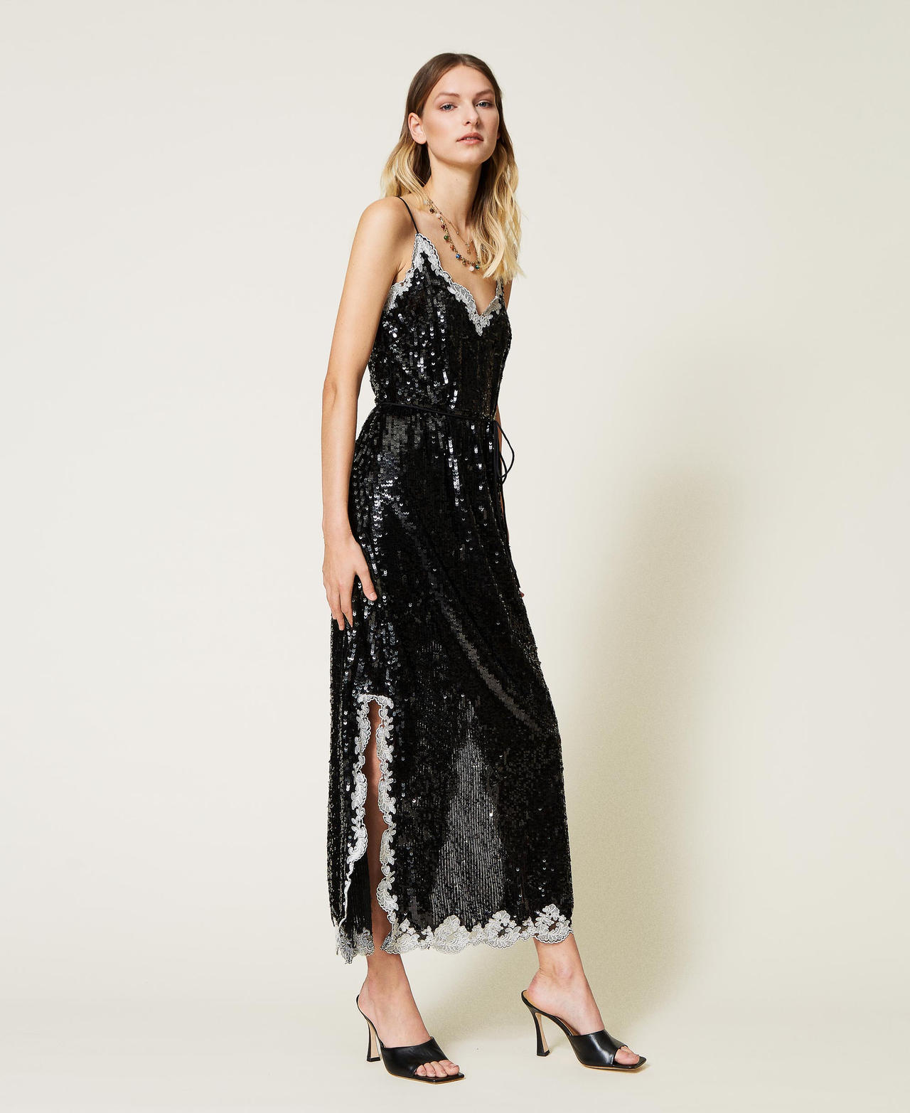 Full sequin long dress with embroidery Bicolour Black / "Snow" White Woman 221TP2041-02