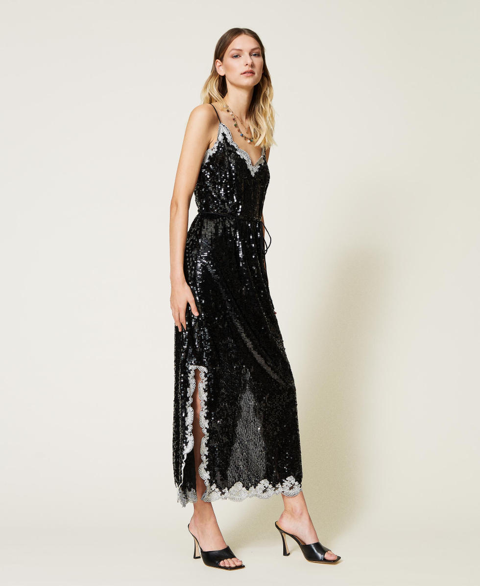 Full sequin long dress with embroidery