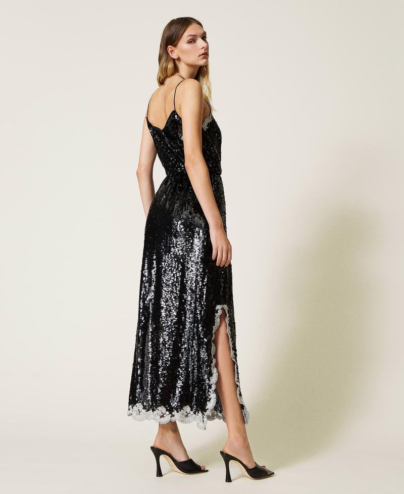 Full sequin long dress with embroidery Bicolour Black / "Snow" White Woman 221TP2041-03