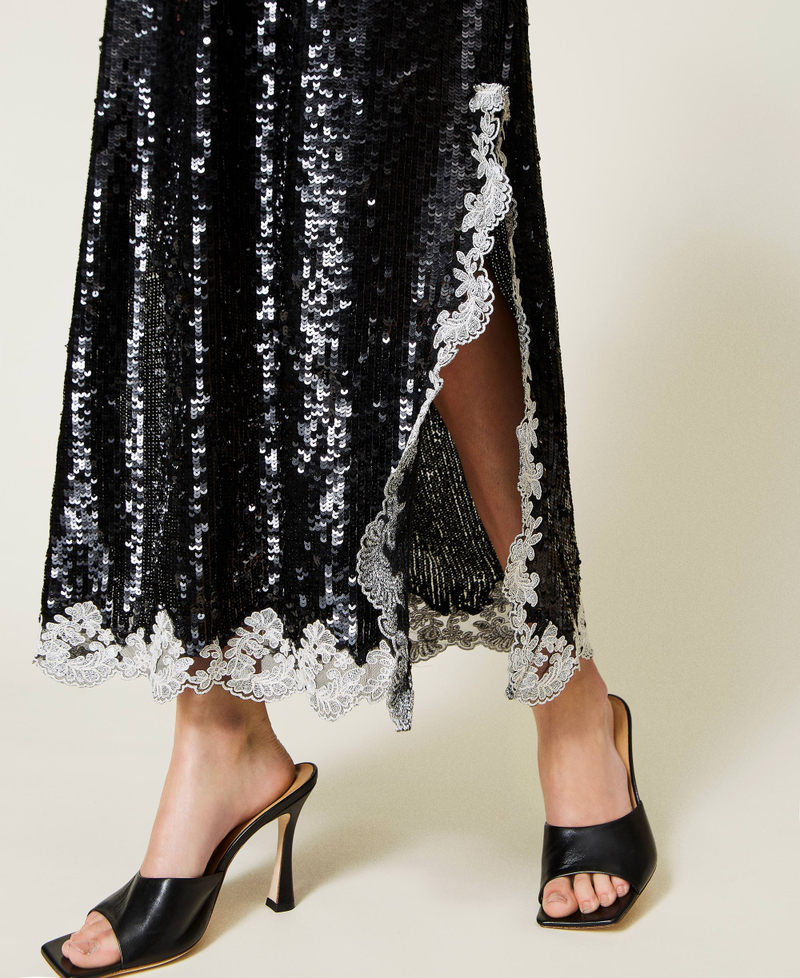 Full sequin long dress with embroidery Bicolour Black / "Snow" White Woman 221TP2041-05