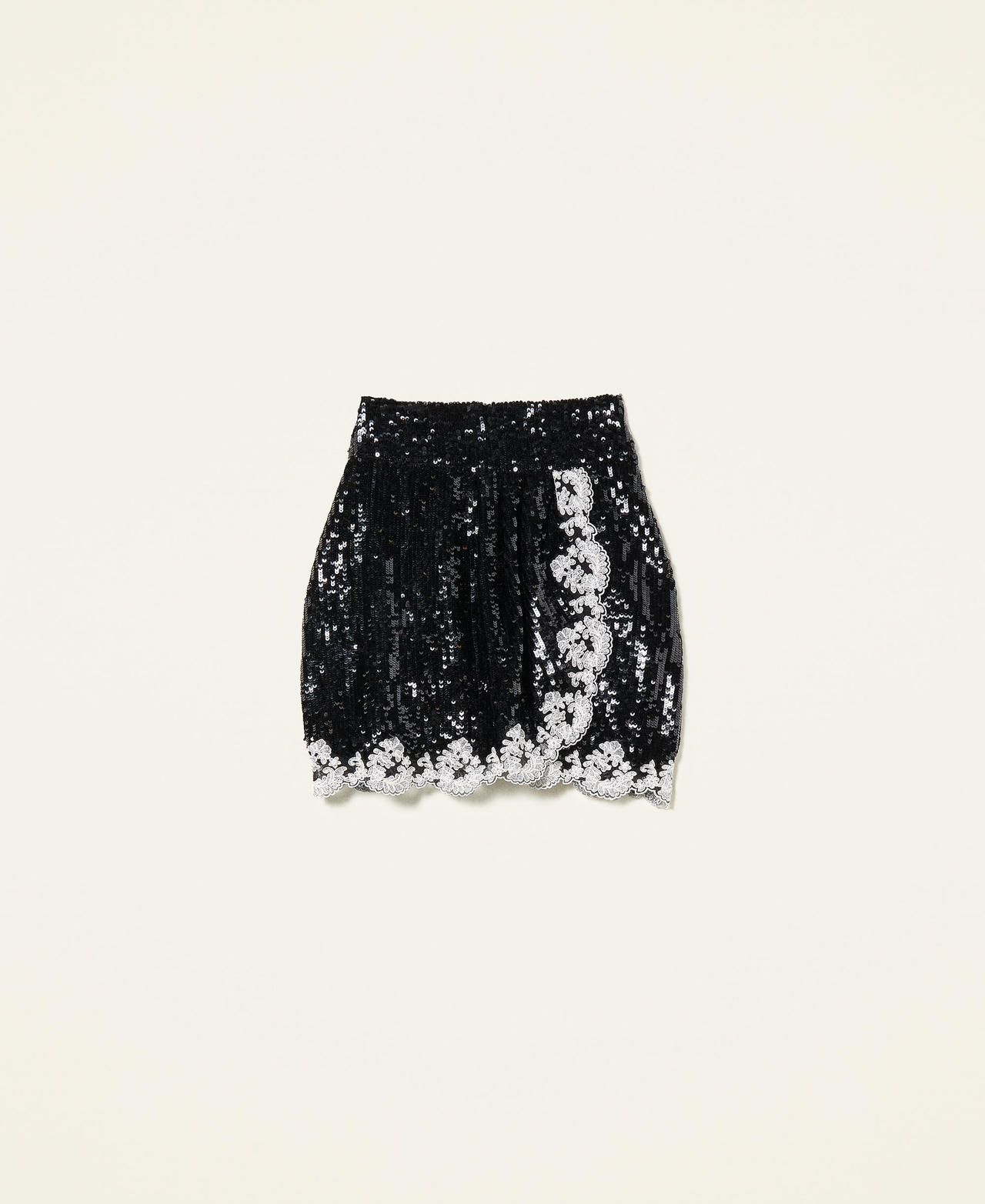 Falda corta de lentejuelas con bordado Bicolor Negro / Blanco "Nieve" Mujer 221TP2043-0S