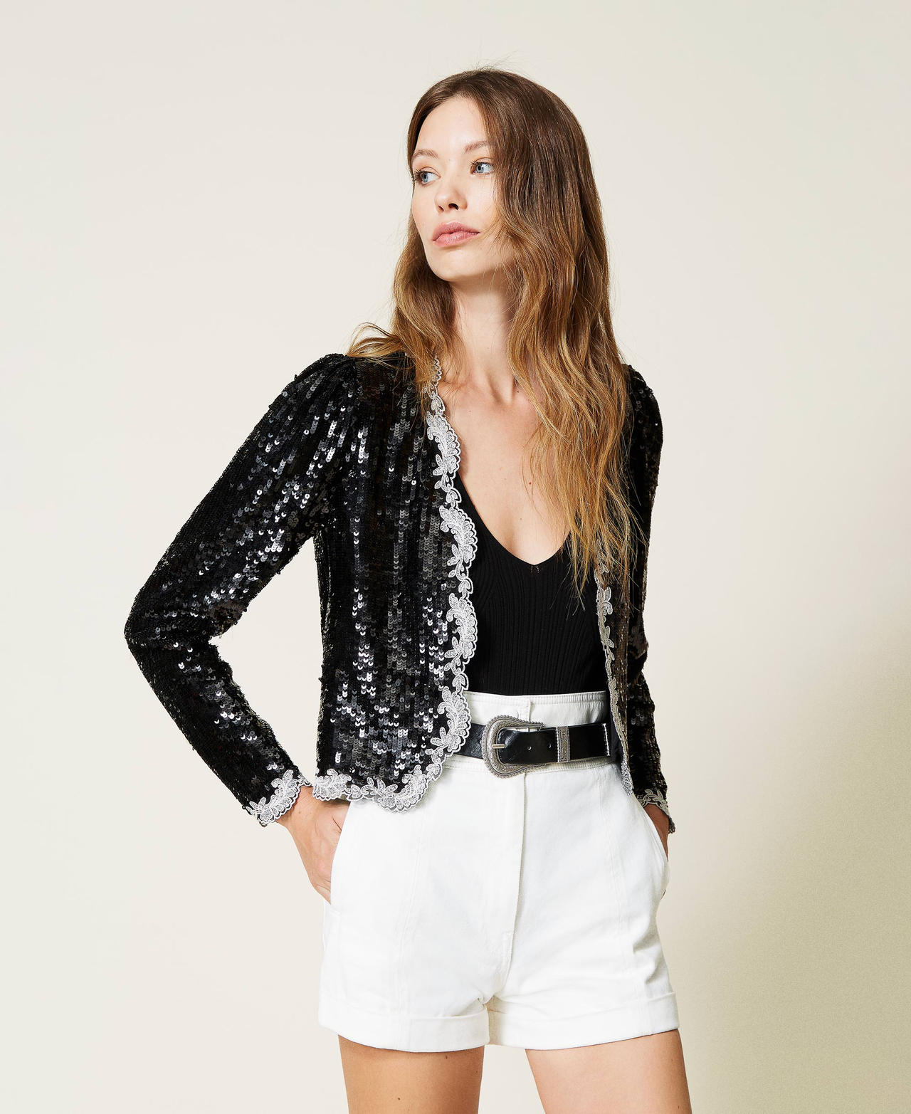 Full sequin jacket with embroidery Woman Black TWINSET Milano