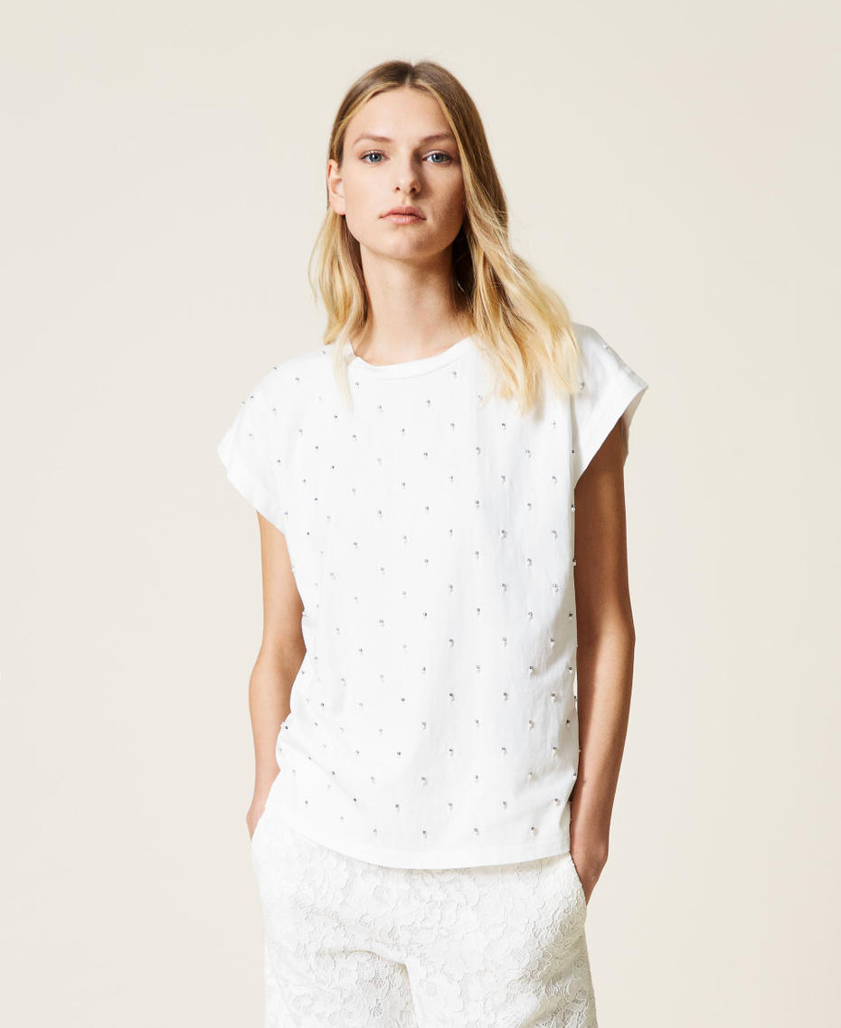 T-shirt con ricamo di perle Bianco Donna 221TP2070-01