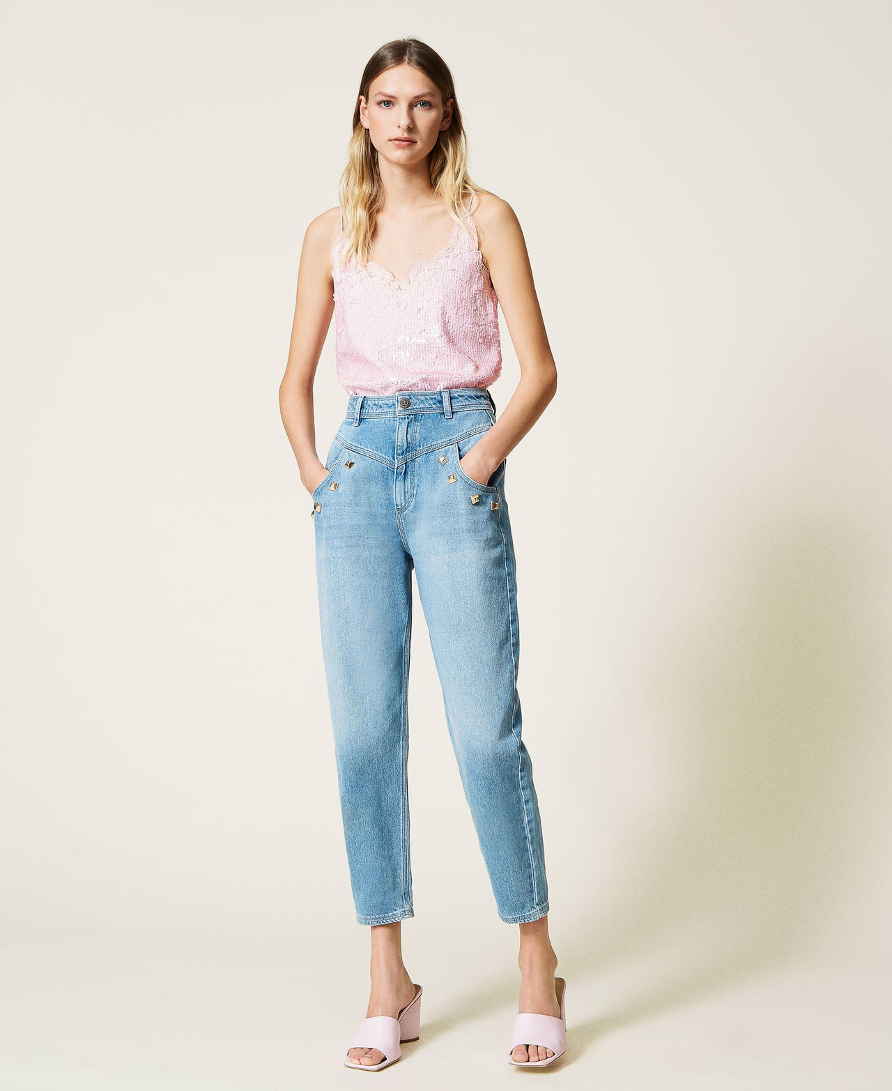 High waist jeans with studs Denim Woman 221TP2101-02