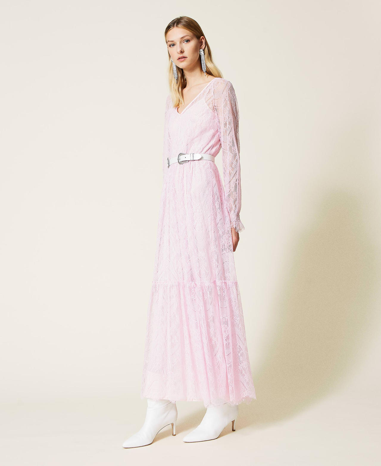 Valenciennes lace long dress "Bouquet” Pink Woman 221TP2140-02