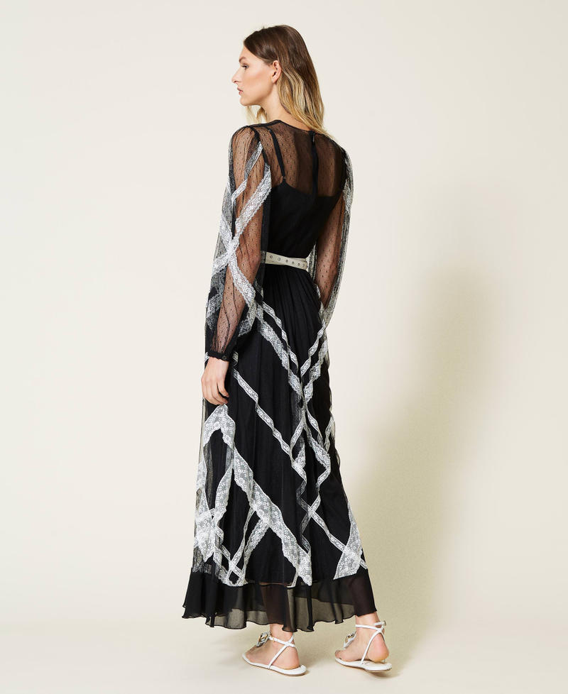 Long dress made of point d'esprit tulle and lace Bicolour Black / "Snow" White Woman 221TP2170-03
