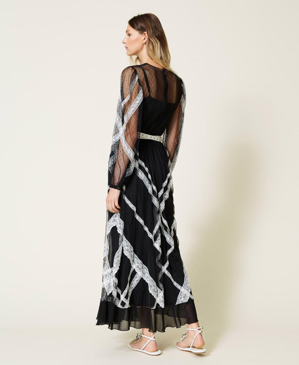 Long dress made of point d'esprit tulle and lace Woman, Black