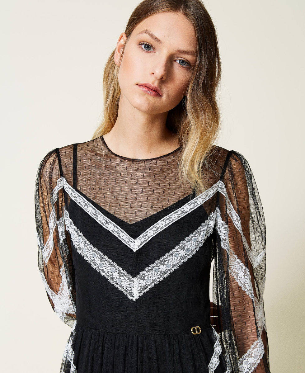 Robe longue en tulle point d esprit et dentelle Femme Noir TWINSET Milano