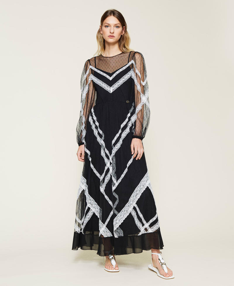 Длинное платье из тюля в горошек и кружева Двухцветный Черный / Белый "Снег" женщина 221TP2170-05