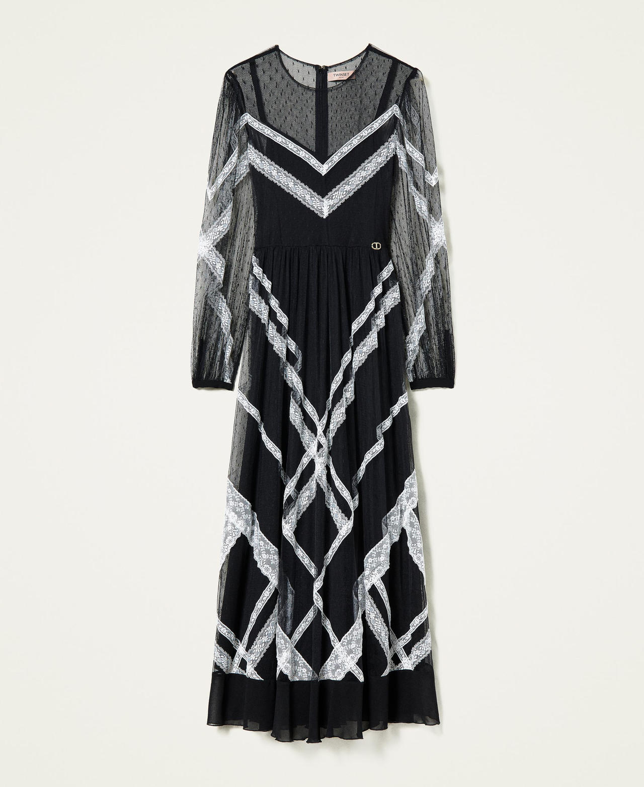 Robe longue en tulle point d’esprit et dentelle Bicolore Noir / Blanc Neige Femme 221TP2170-0S