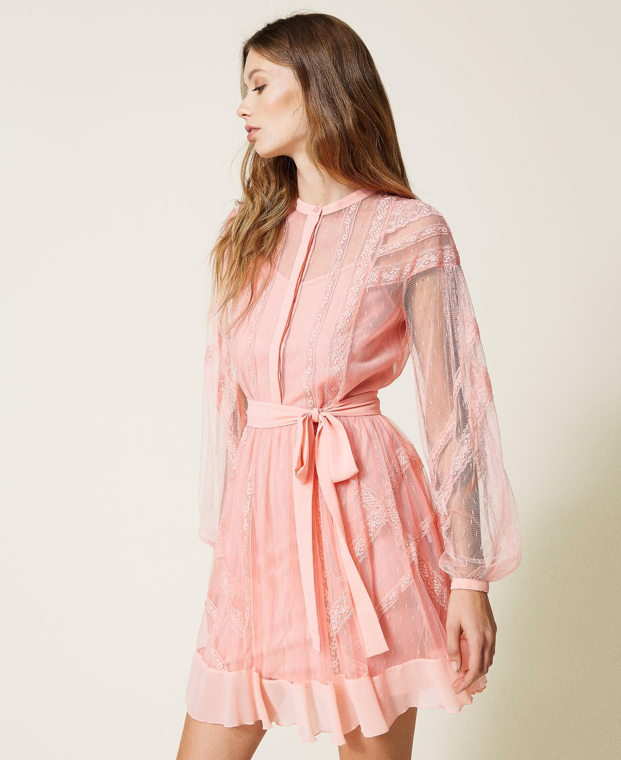 Kleid aus „Point d‘esprit“-Tüll und Spitze „Peach Cream“-Rosa Frau 221TP2171-02