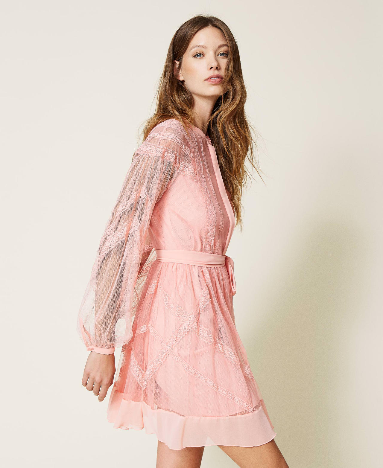 Abito in tulle point d'esprit e pizzo Rosa "Peach Cream" Donna 221TP2171_06758_03
