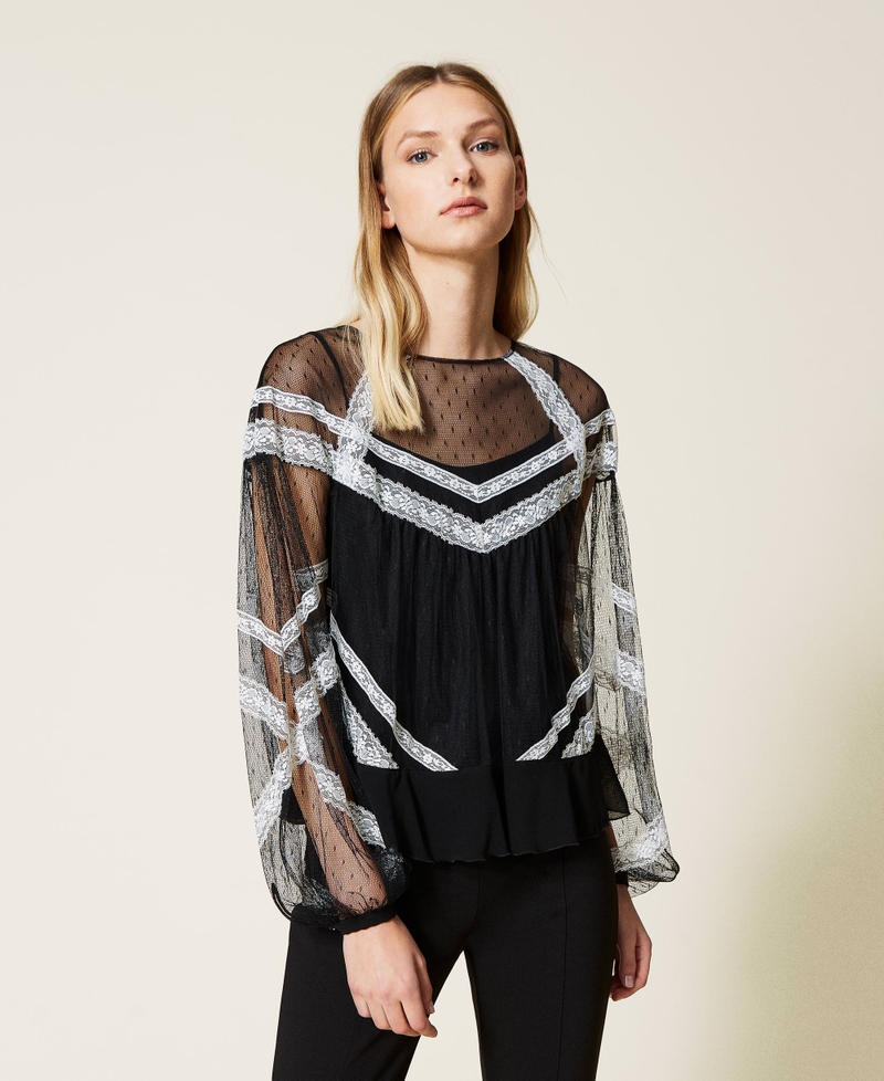 Point d'esprit tulle blouse with lace Bicolour Black / "Snow" White Woman 221TP2172-01