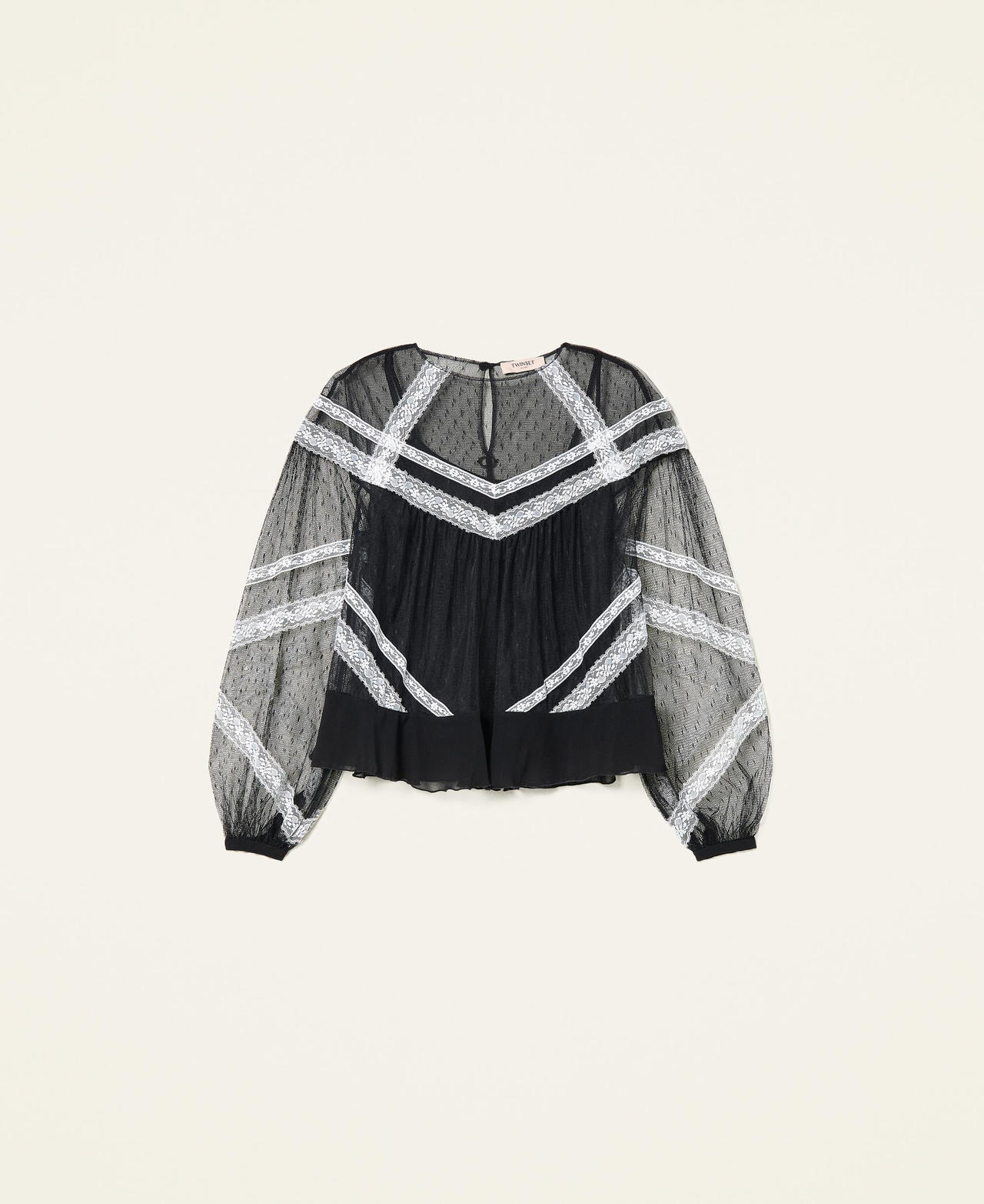 Bluse aus „Point d‘esprit“-Tüll und Spitze