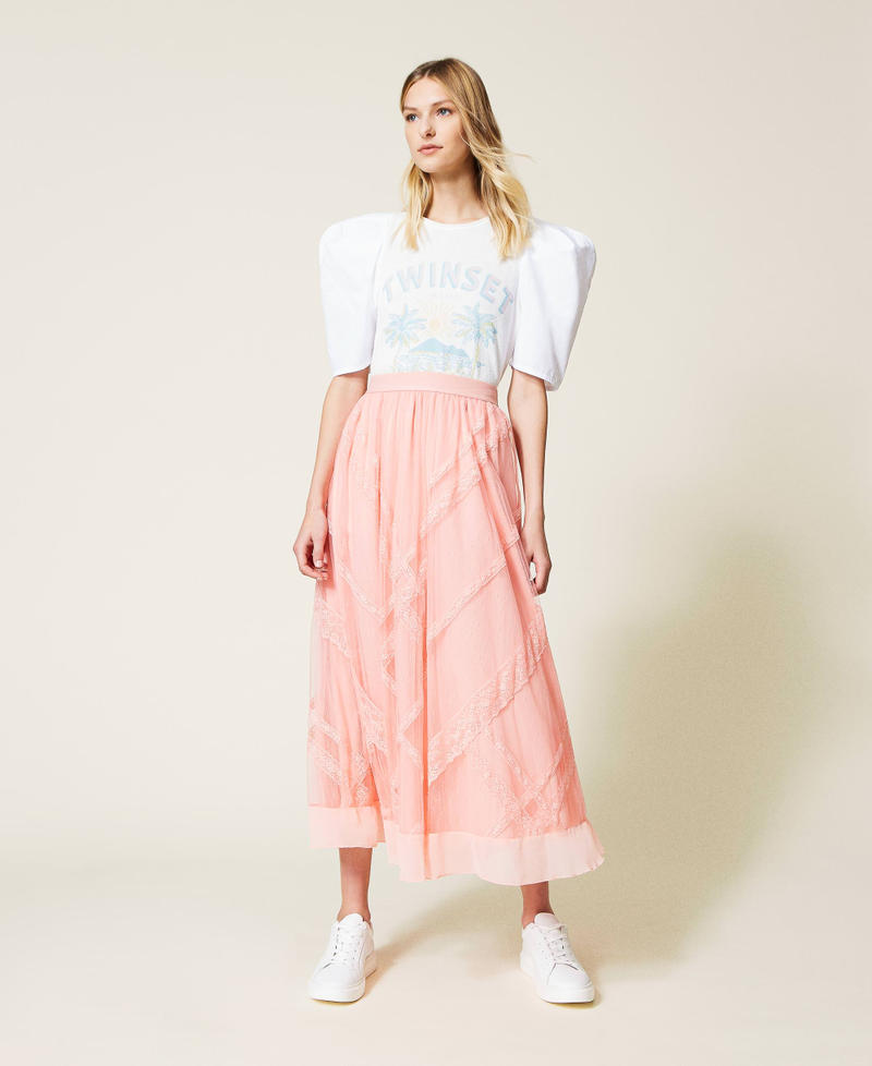Long point d'esprit tulle and lace skirt "Peach Cream” Pink Woman 221TP2173-01