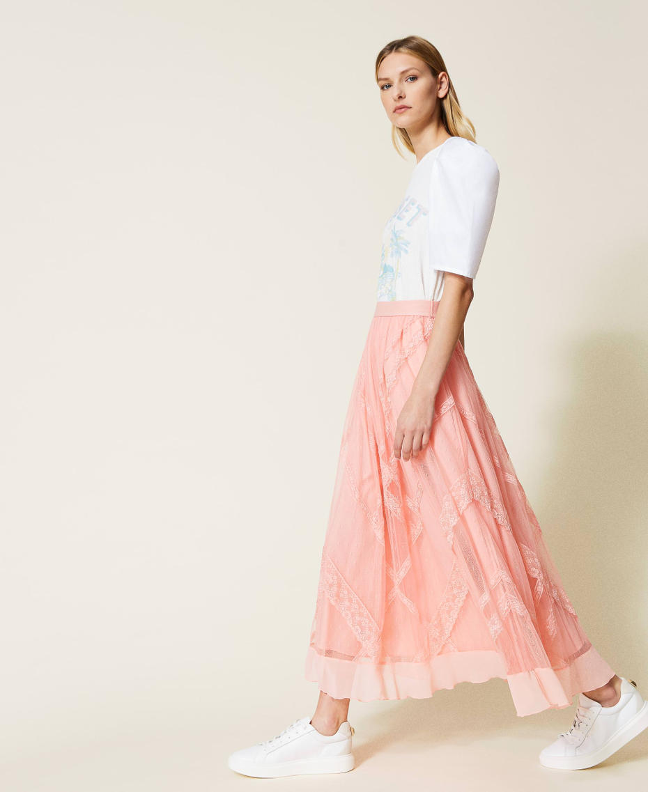 Long point d'esprit tulle and lace skirt "Peach Cream” Pink Woman 221TP2173-03