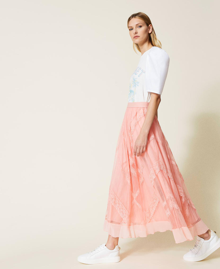 Gonna lunga in tulle point d'esprit e pizzo