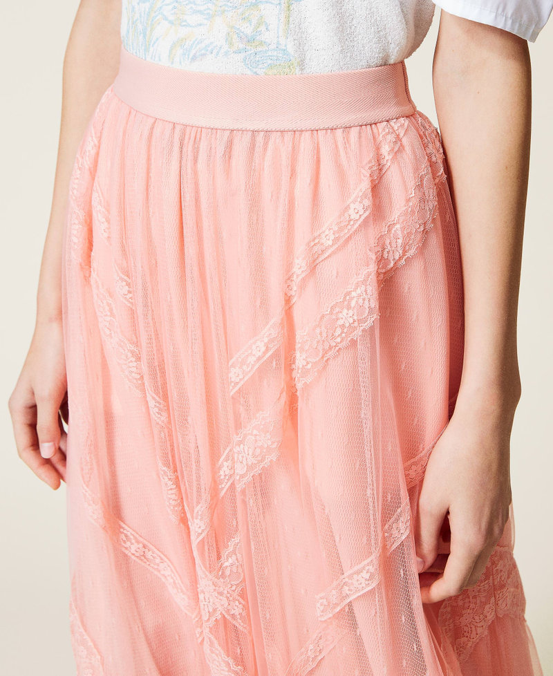 Длинная юбка из тюля в горошек и кружева Розовый "Персиковый кремовый" женщина 221TP2173-05