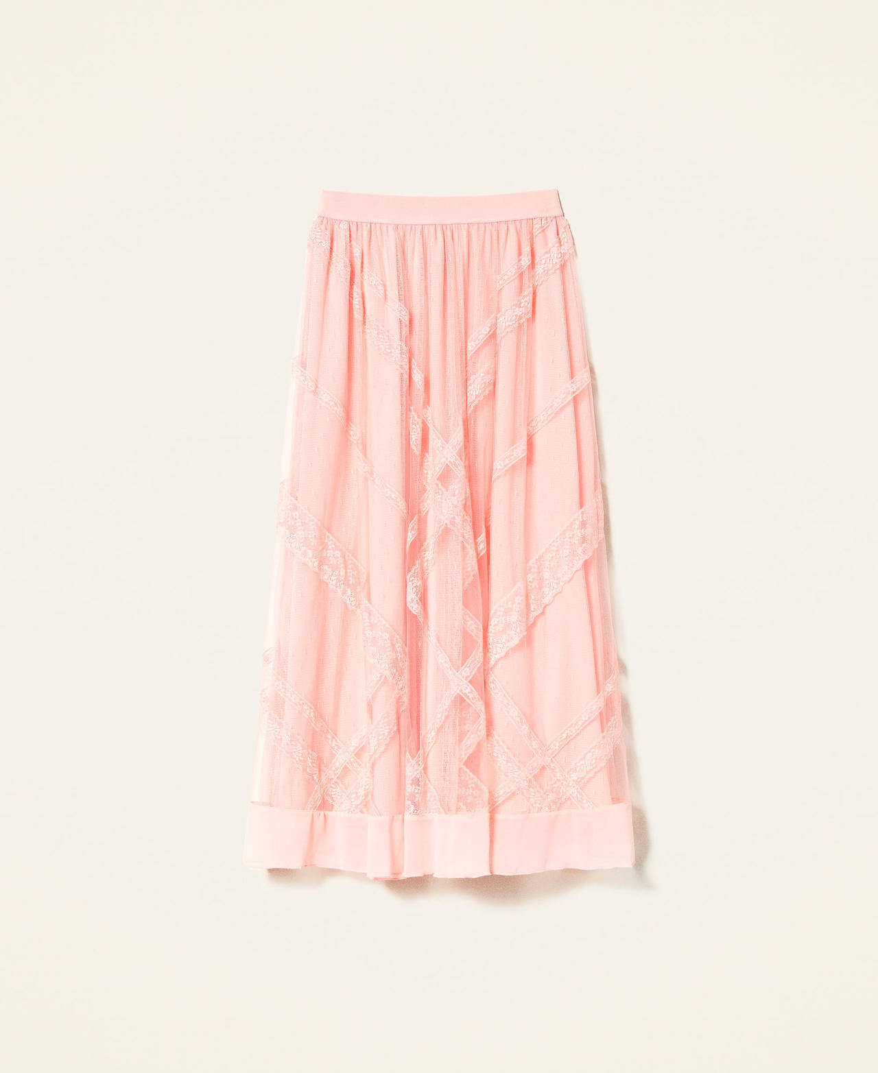 Длинная юбка из тюля в горошек и кружева Розовый "Персиковый кремовый" женщина 221TP2173-0S