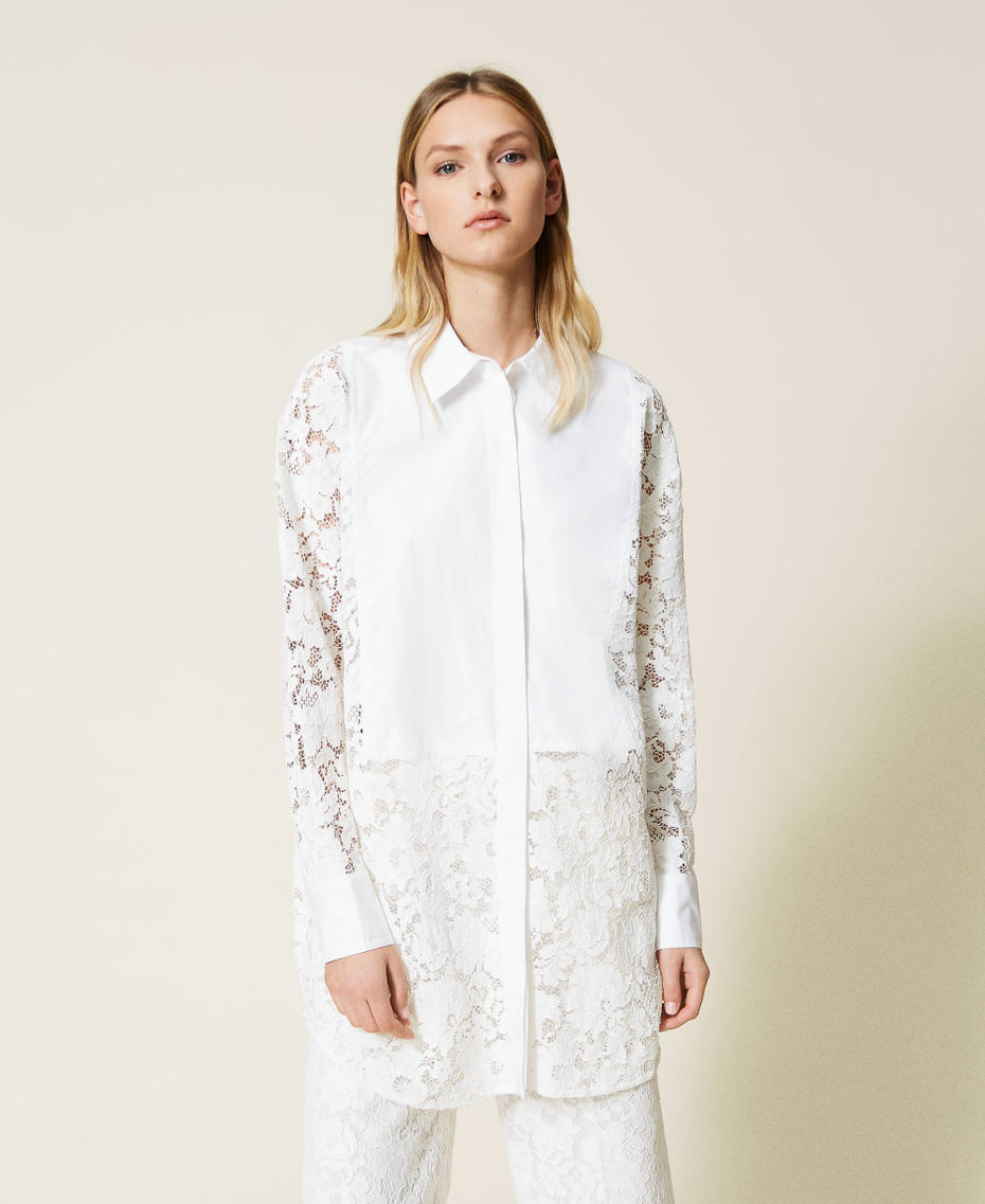 Macramé lace shirt Two-tone “Snow” White / Optical White Woman 221TP2180-01