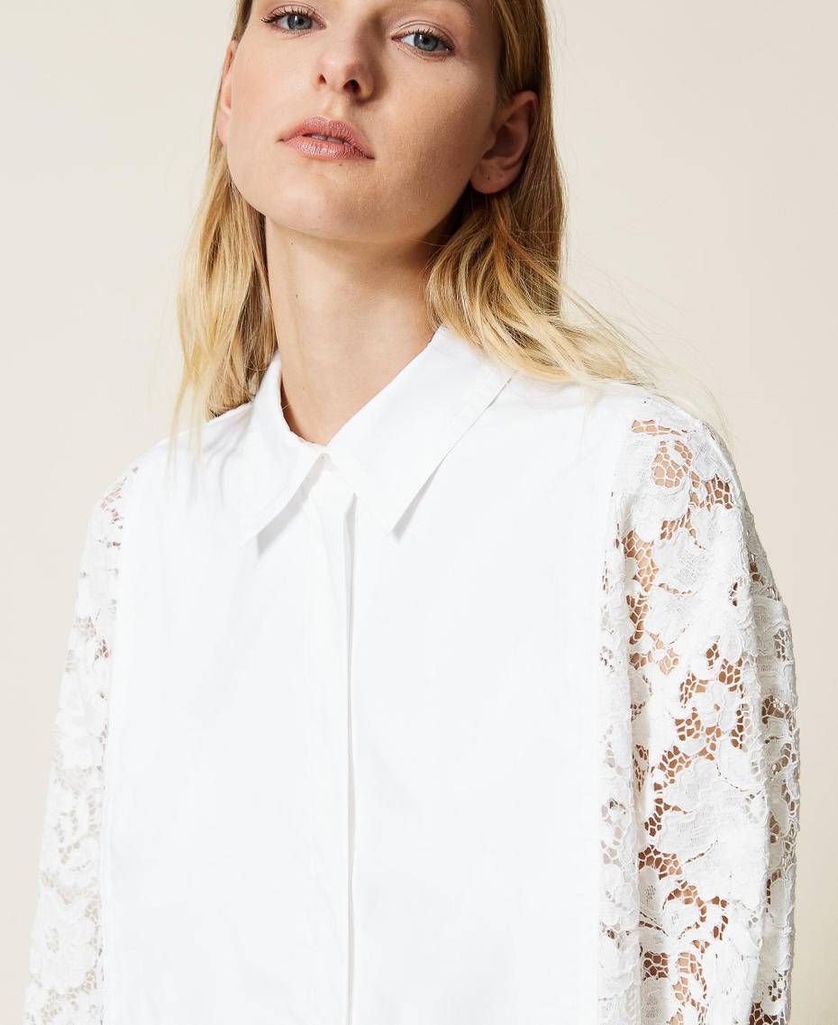 Macramé lace shirt Two-tone “Snow” White / Optical White Woman 221TP2180-04