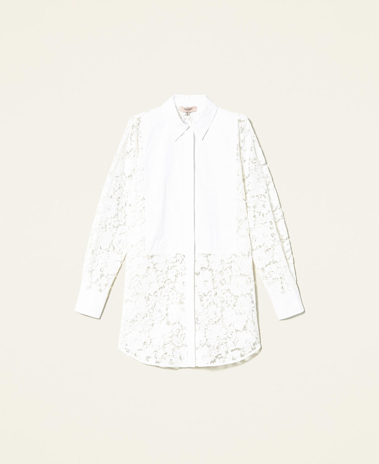 Macramé lace shirt Two-tone “Snow” White / Optical White Woman 221TP2180-0S