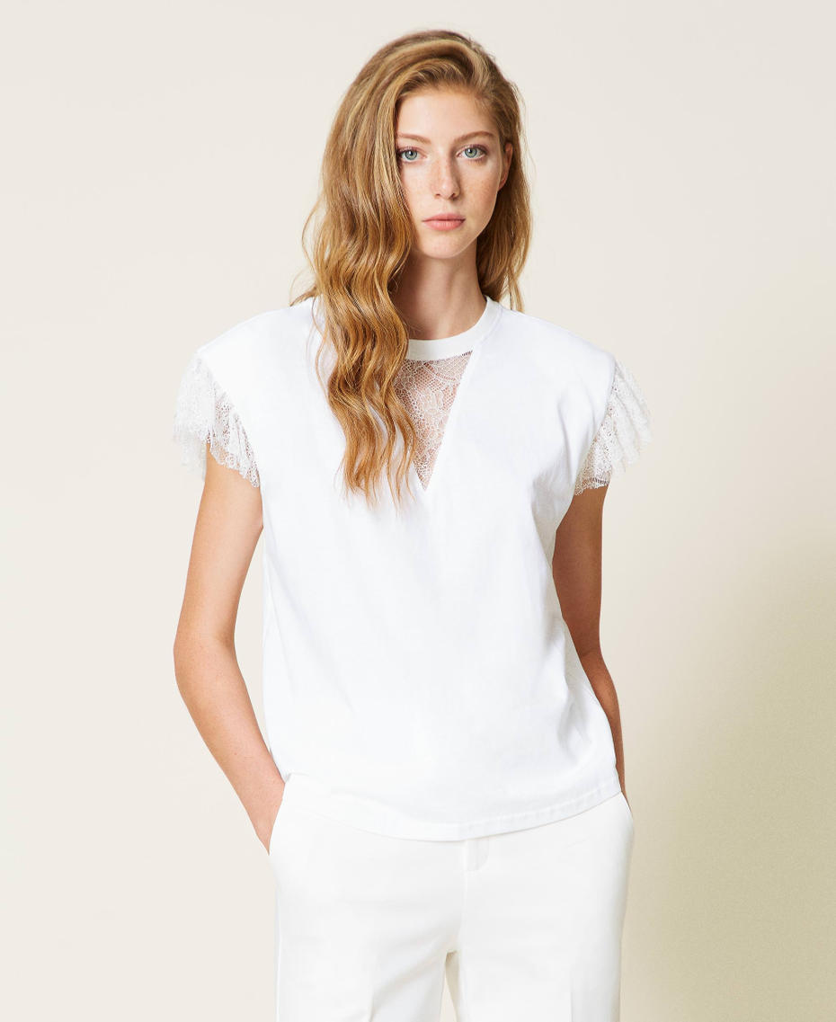 T-Shirt mit Valenciennesspitze Weiß Schnee Frau 221TP2230-05