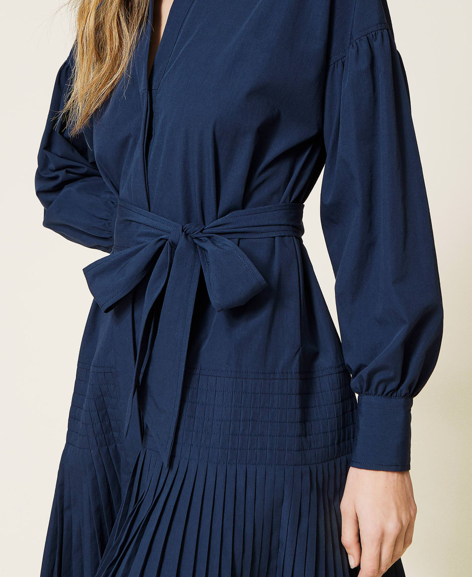 Robe en popeline avec plissé Femme, Bleu | TWINSET Milano
