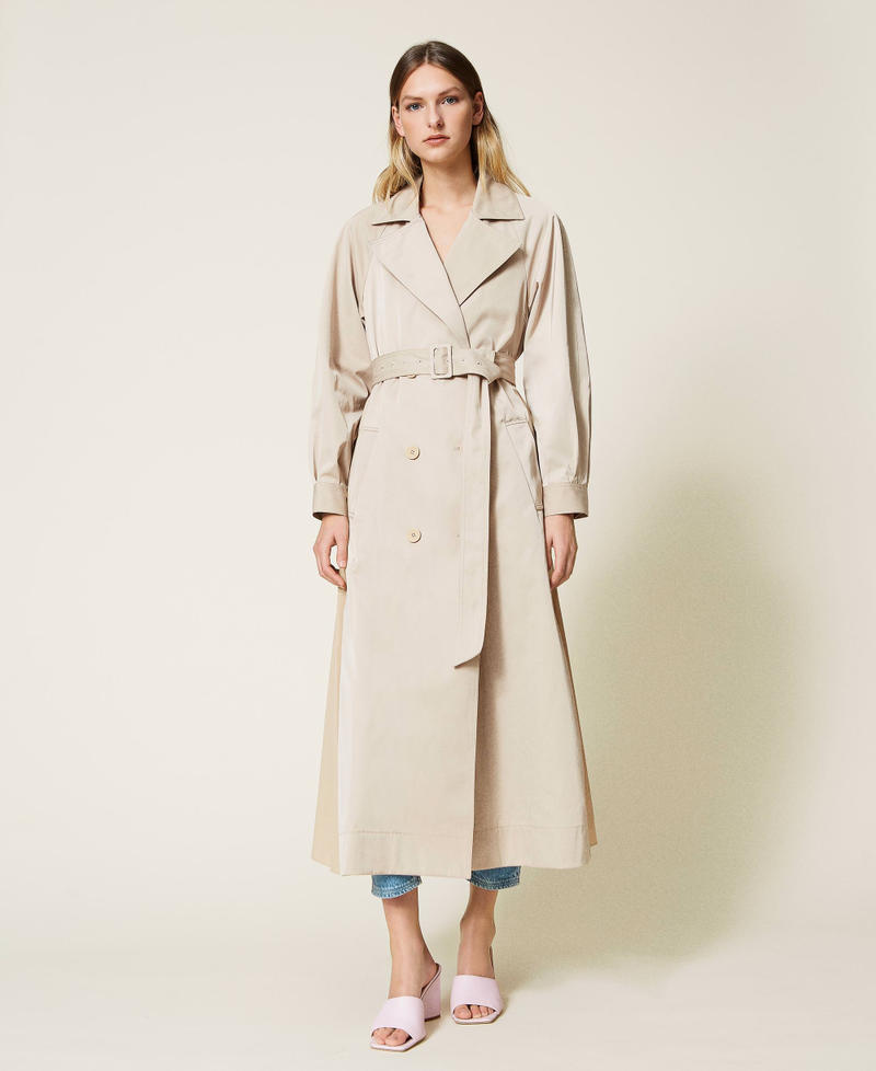 Long trench coat with pleated taffeta inserts