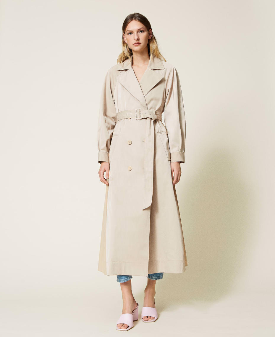 Long trench coat with pleated taffeta inserts