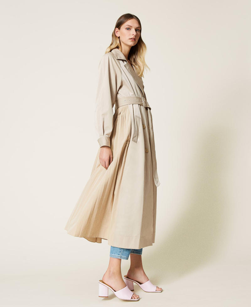 Long trench coat with pleated taffeta inserts