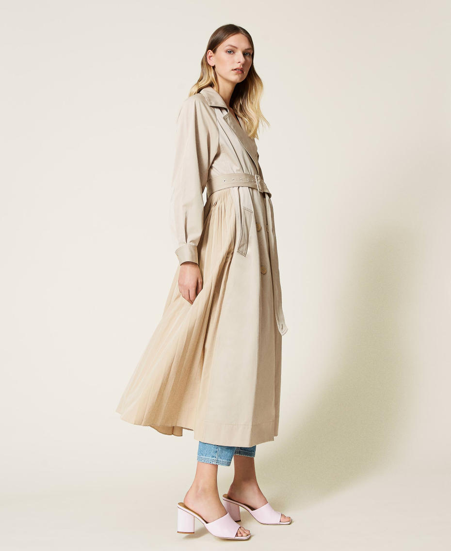 Long trench coat with pleated taffeta inserts