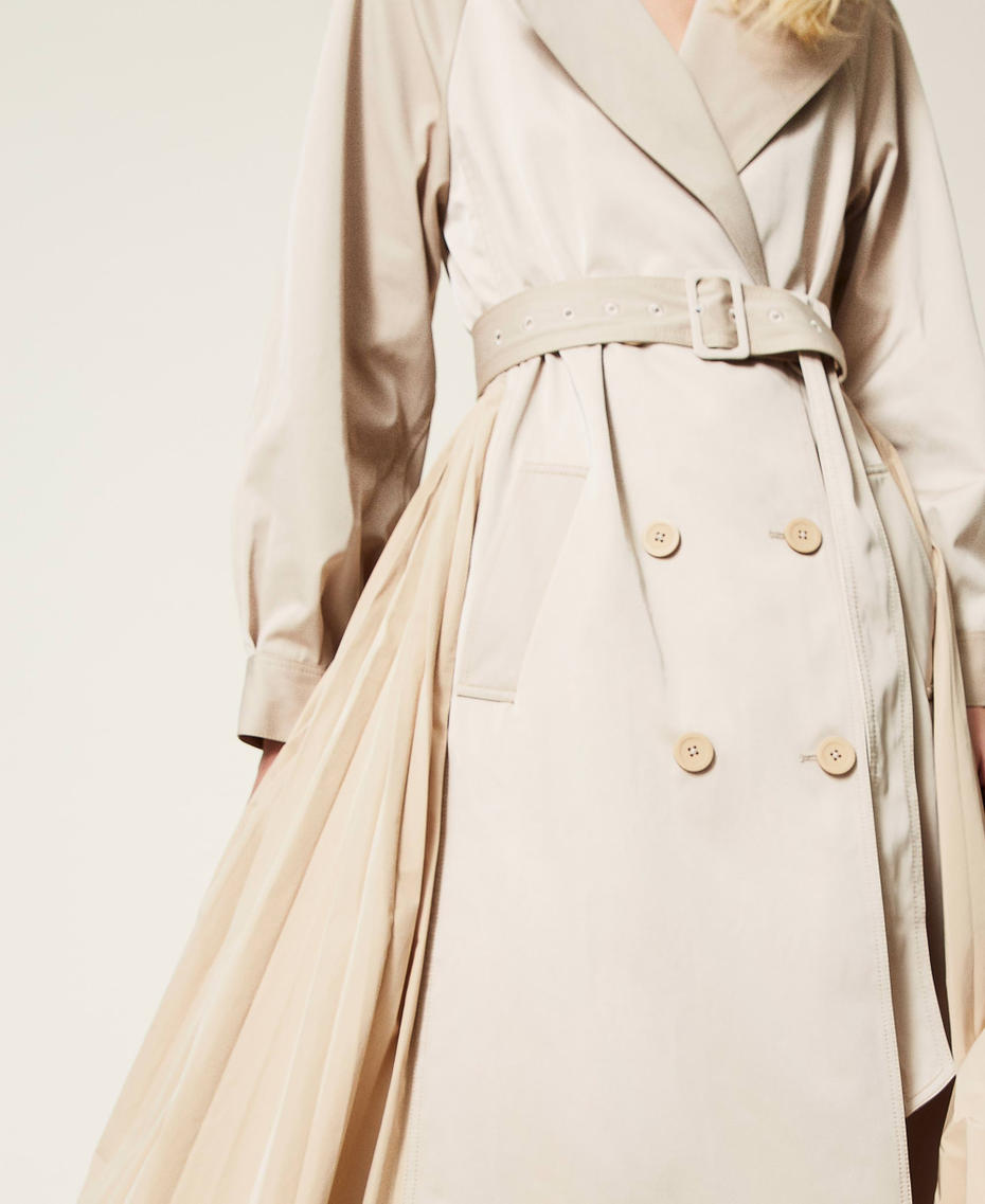 Long trench coat with pleated taffeta inserts