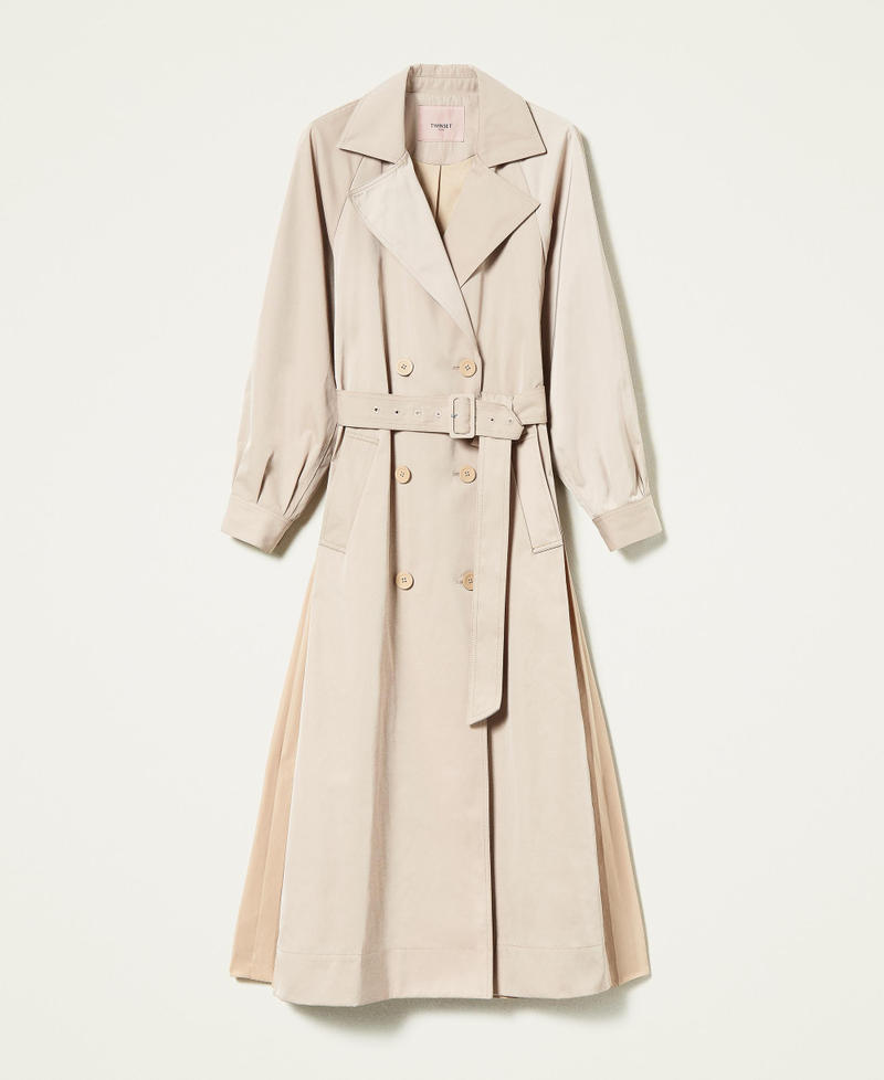 Long trench coat with pleated taffeta inserts