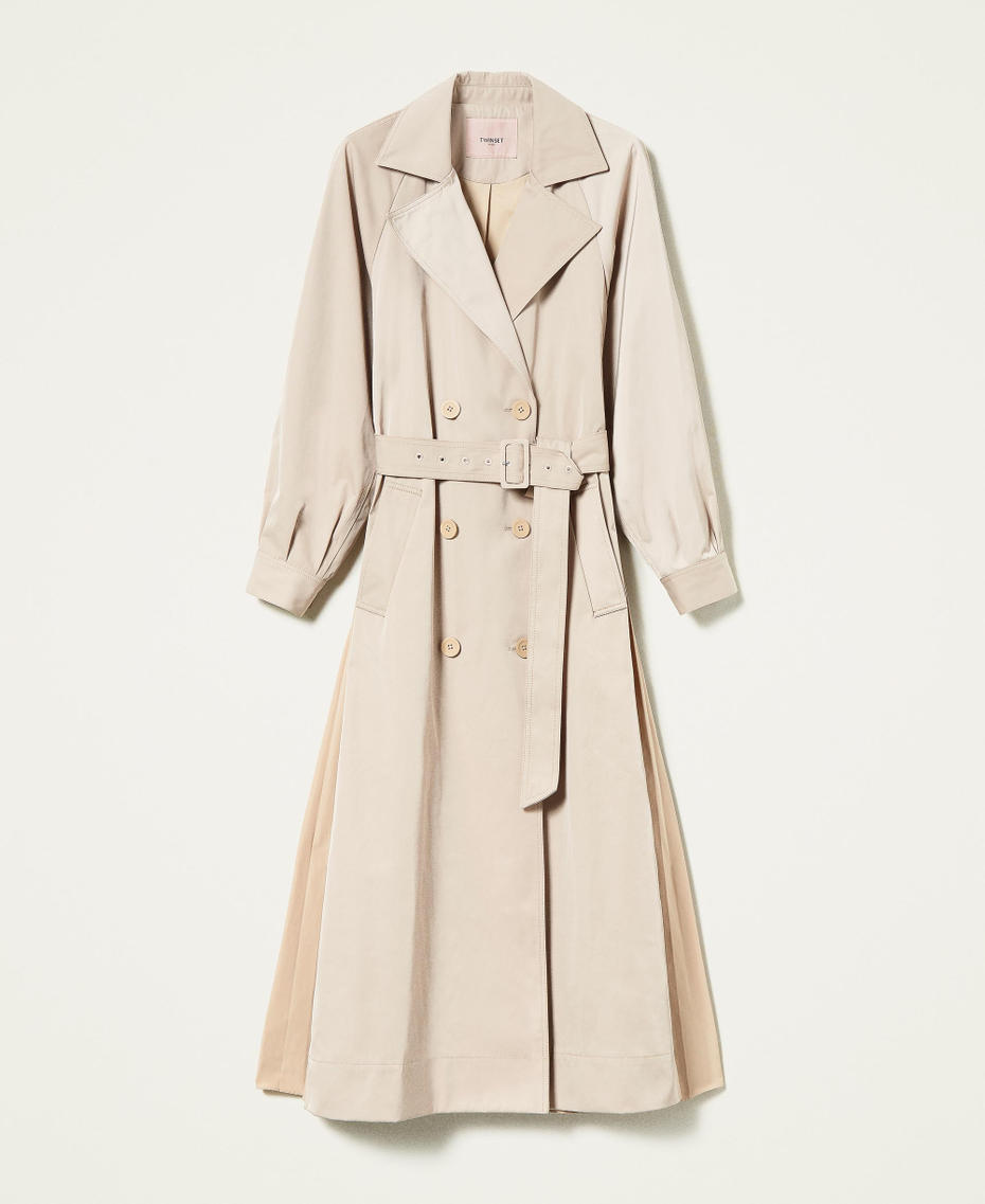 Long trench coat with pleated taffeta inserts