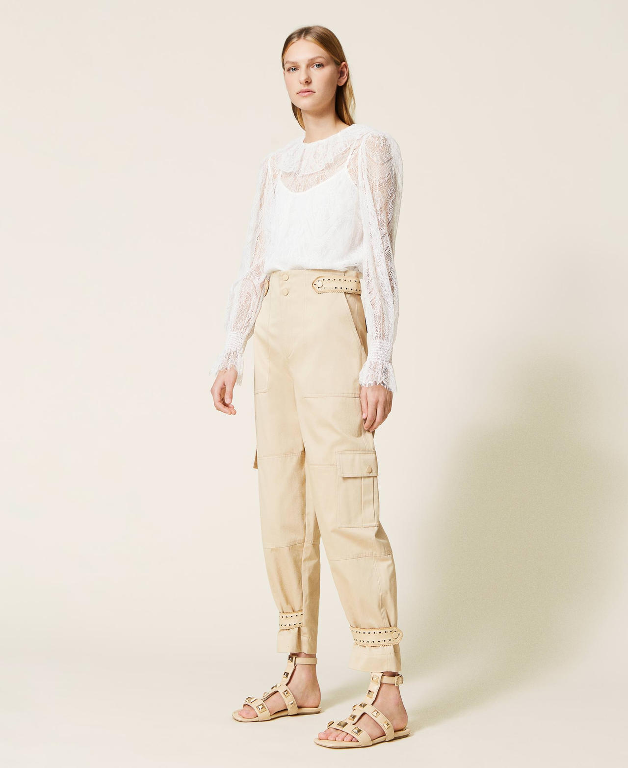 Cargo trousers with openwork embroidery