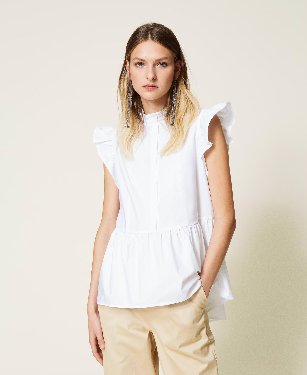 Poplin top with ruffle Woman, White | TWINSET Milano
