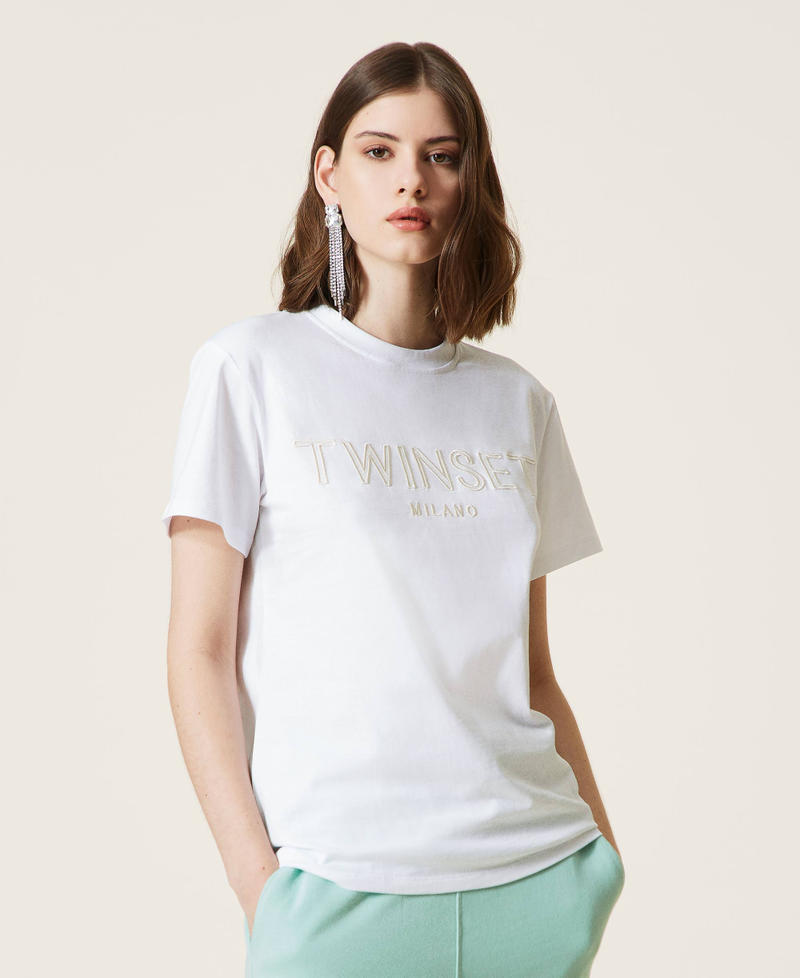 T-shirt con logo ricamato Bianco Donna 221TP2540-05
