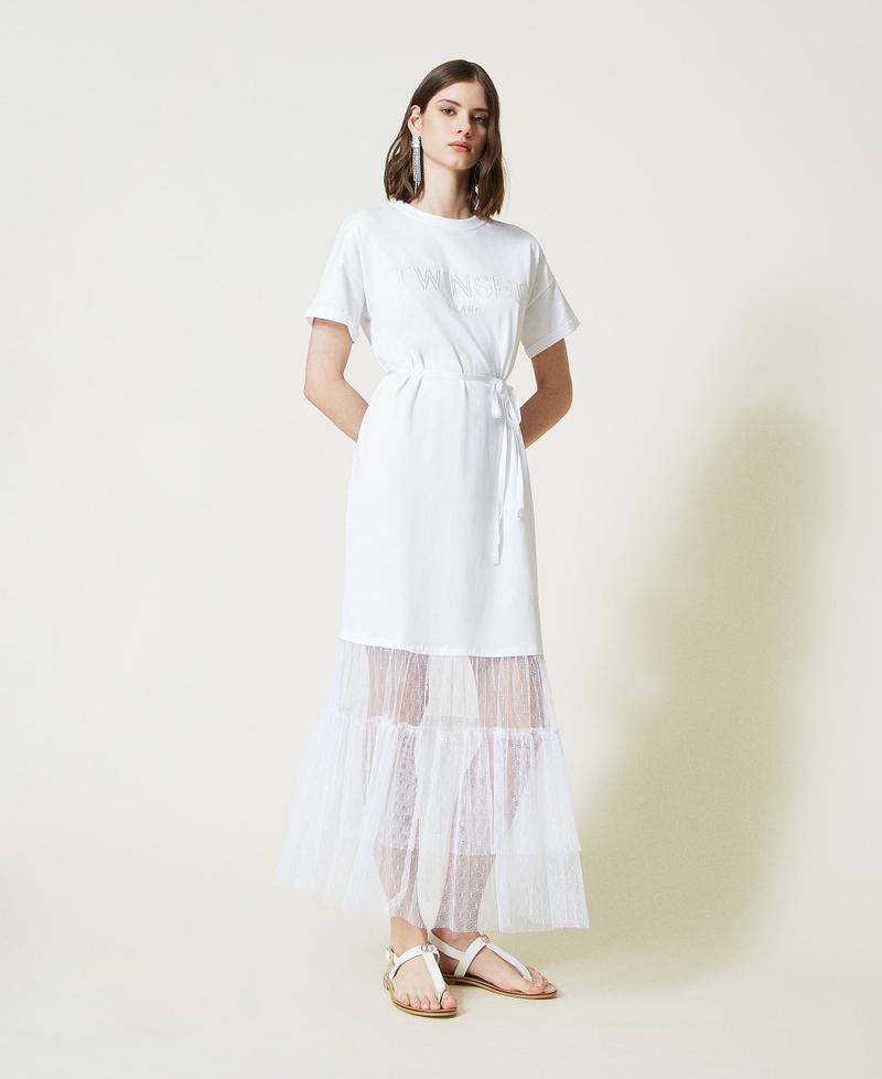 Long dress with logo and plumetis tulle White Woman 221TP2541-01