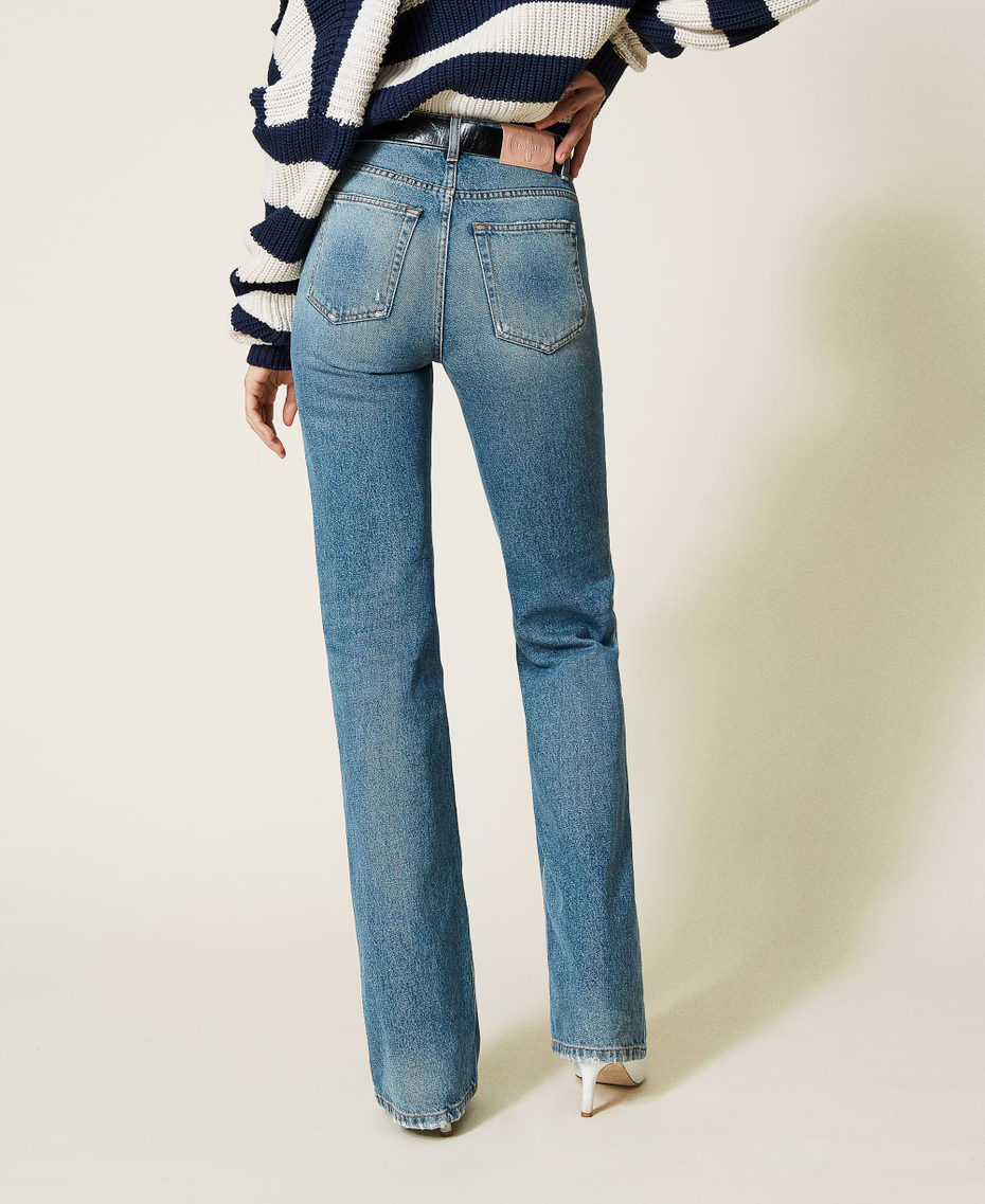 High waist flared jeans with green cast wash