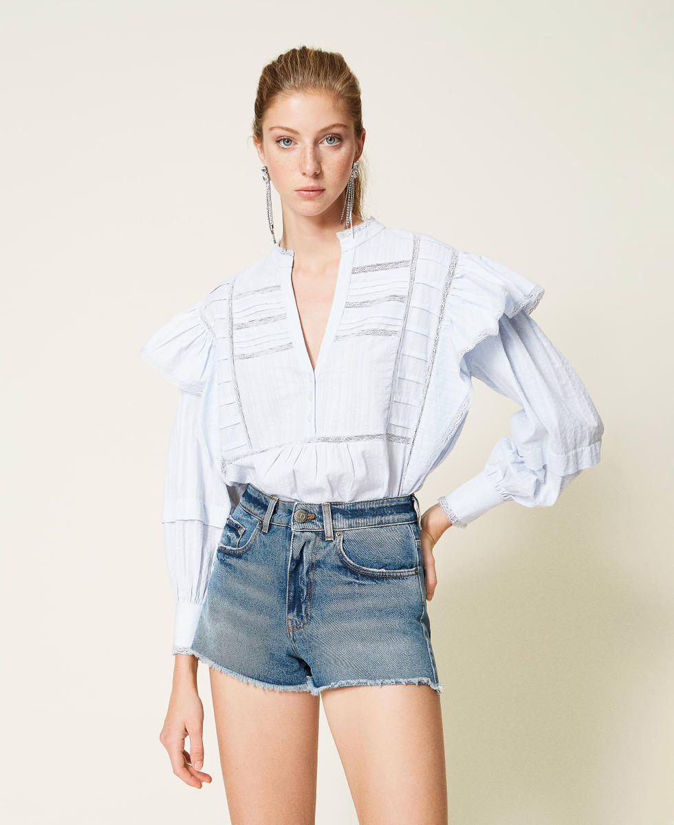 Shorts vaqueros con lavado green cast deshilachados Mujer Azul