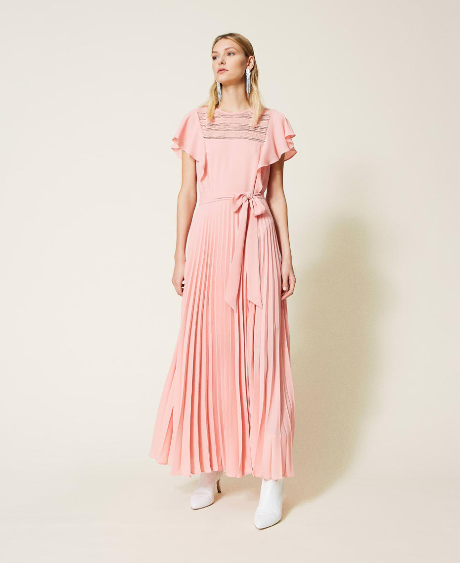 Длинное платье с плиссировкой и кружевом Розовый "Персиковый кремовый" женщина 221TP2670-01
